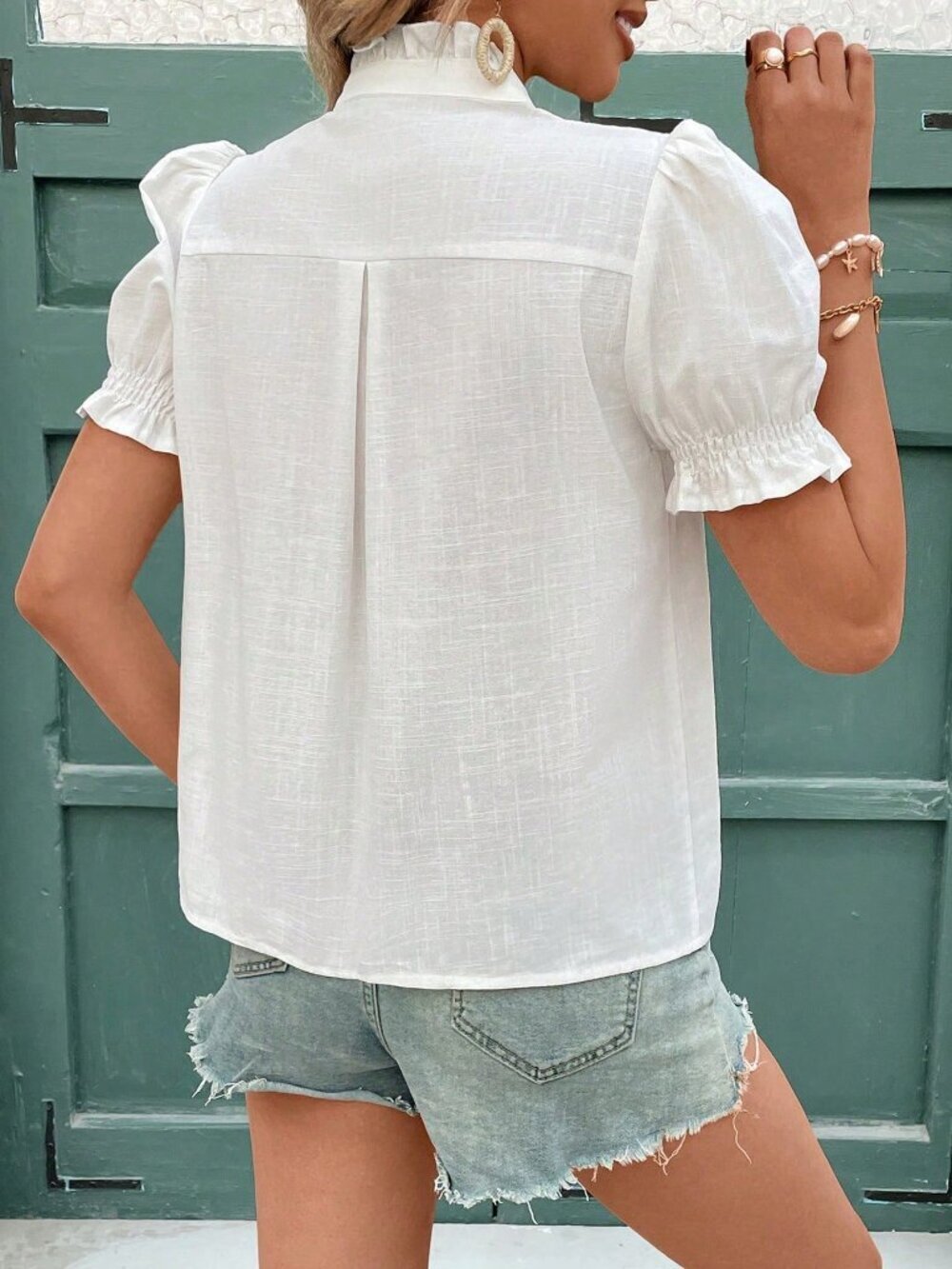 White Boho Women's Short Sleeve Blouse - Picture 2 of 6